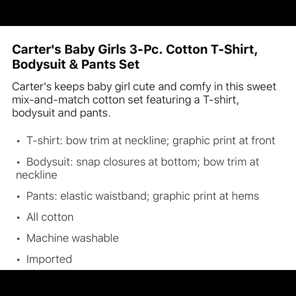 CARTER’S Baby Girls 3-pc Cotton Set Size 12mos - Picture 4 of 5